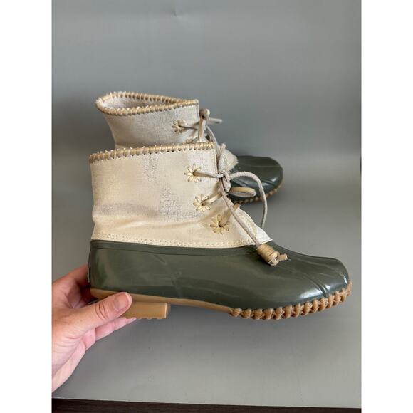 Jack Rogers Rain Boots Green Gold Sparkle Womens Size 7 Duck Boots Galoshes - Picture 2 of 10